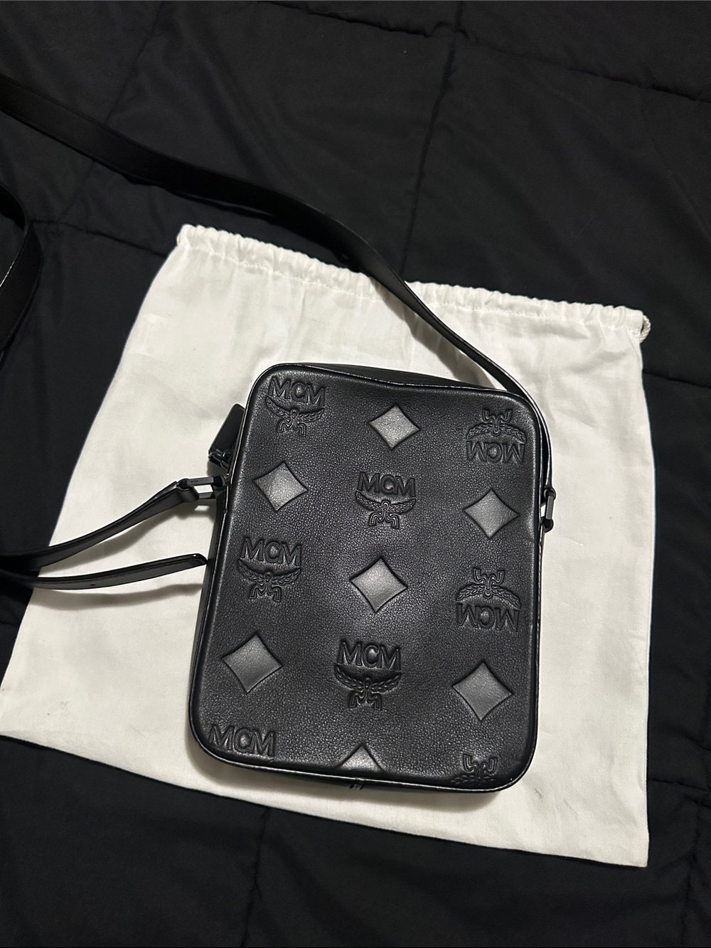 MCM Black Embossed Leather Messenger Bag